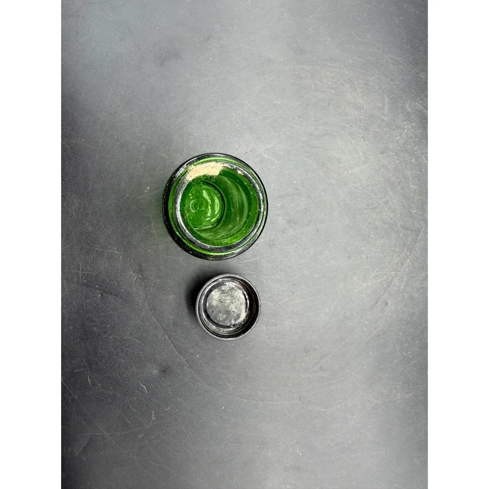 Vintage Emerald Green Glass Apothecary Jar Vial with Black Screw Lid 4 inch